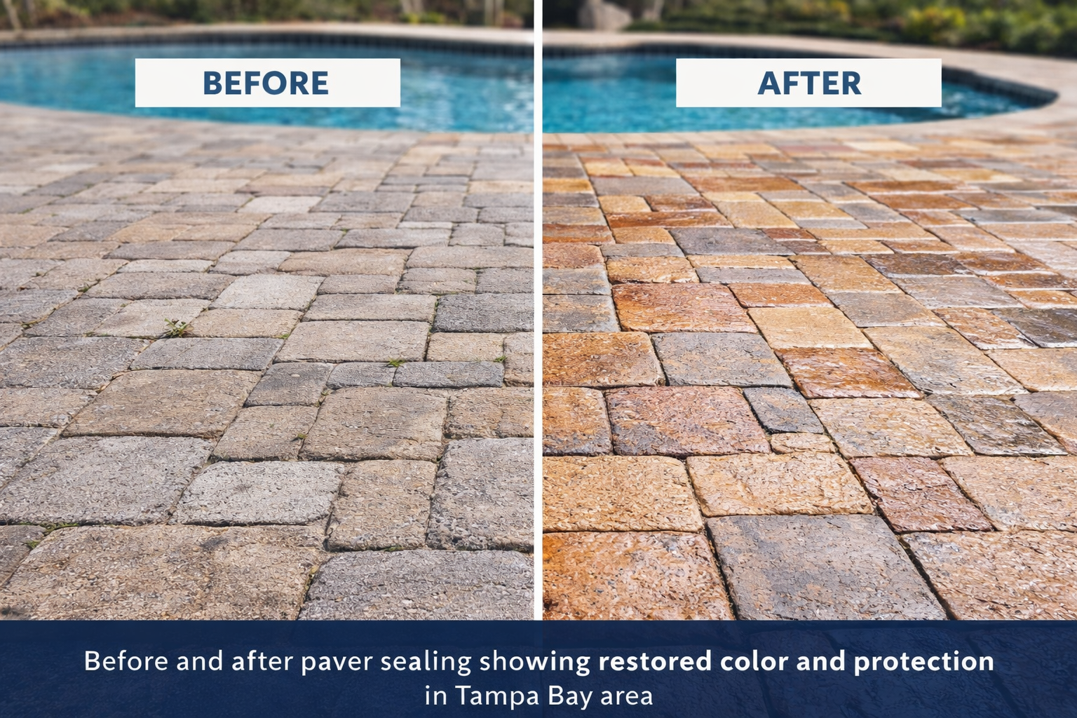 Before and after paver sealing showing restored color and protection in Tampa Bay area